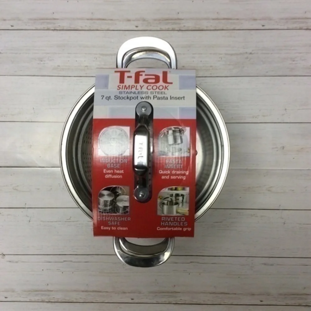 - T-FAL SIMPLY COOK STAINLESS STEEL 7 QT COVERED STOCK POT WITH PASTA INSERT